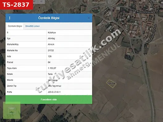 KÜTAHYA ALTINTAŞ ALINCIK'TA 1.153 M² YERLEŞİME SADECE 56 METRE!